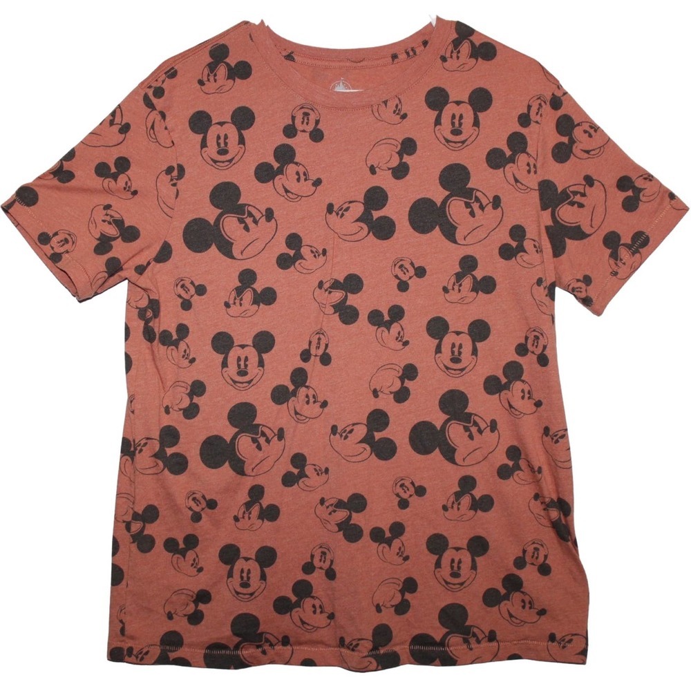 Womens Disney Parks Mickey Mouse Face Orange Black Short Sleeve Shirt Top Size L